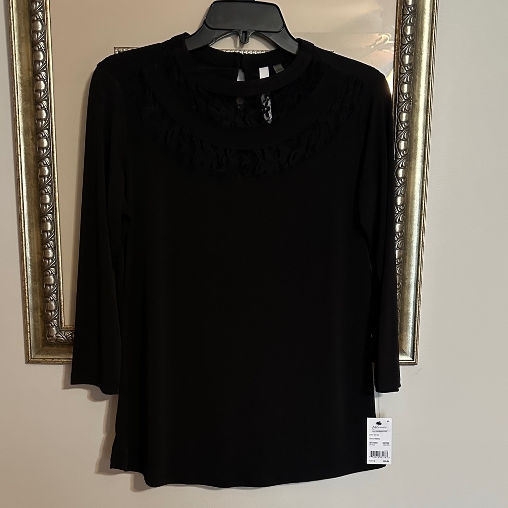 NWT Y2K NY Collection Black Blouse with Lace Detail Edgy Goth Small